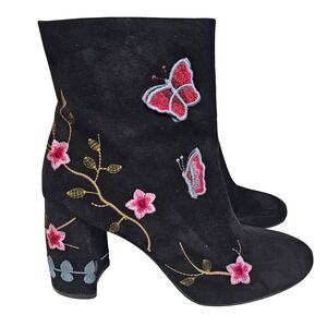 Black‎ Suede Embroidered Butterfly Floral Block Heel Ankle Boots Women's Size